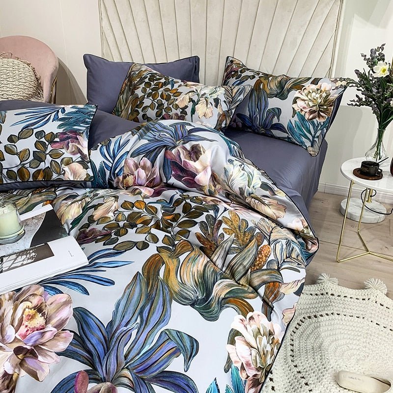Aster Leaf Floral Egyptian Cotton Duvet Cover Set - RoseStraya.com