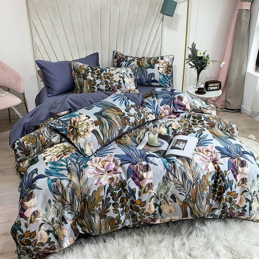 Aster Leaf Floral Egyptian Cotton Duvet Cover Set - RoseStraya.com