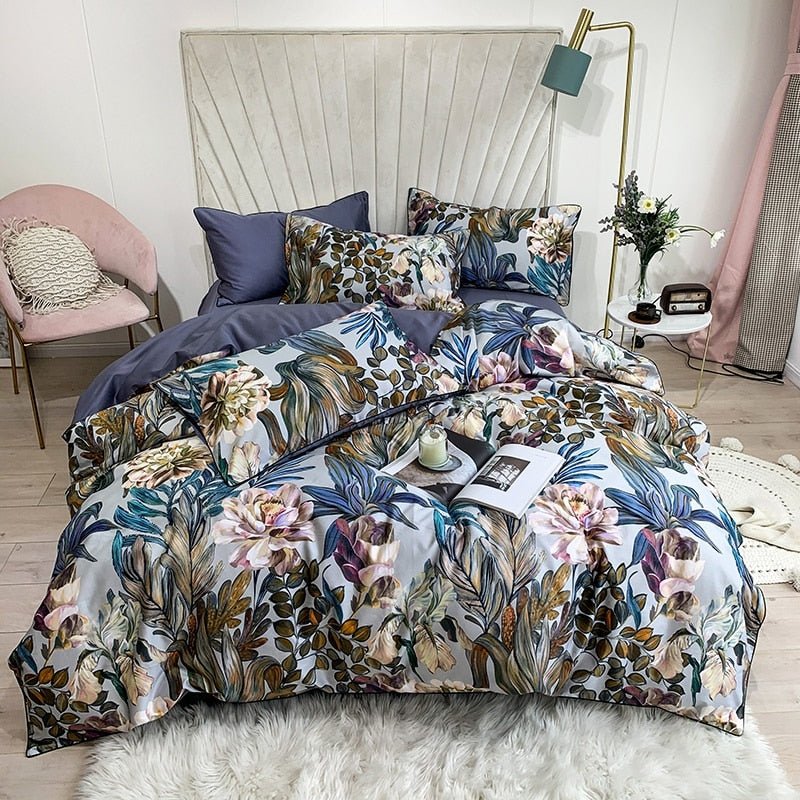 Aster Leaf Floral Egyptian Cotton Duvet Cover Set - RoseStraya.com