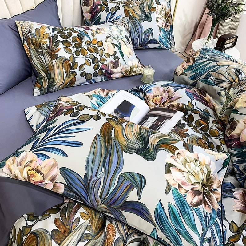 Aster Leaf Floral Egyptian Cotton Duvet Cover Set - RoseStraya.com