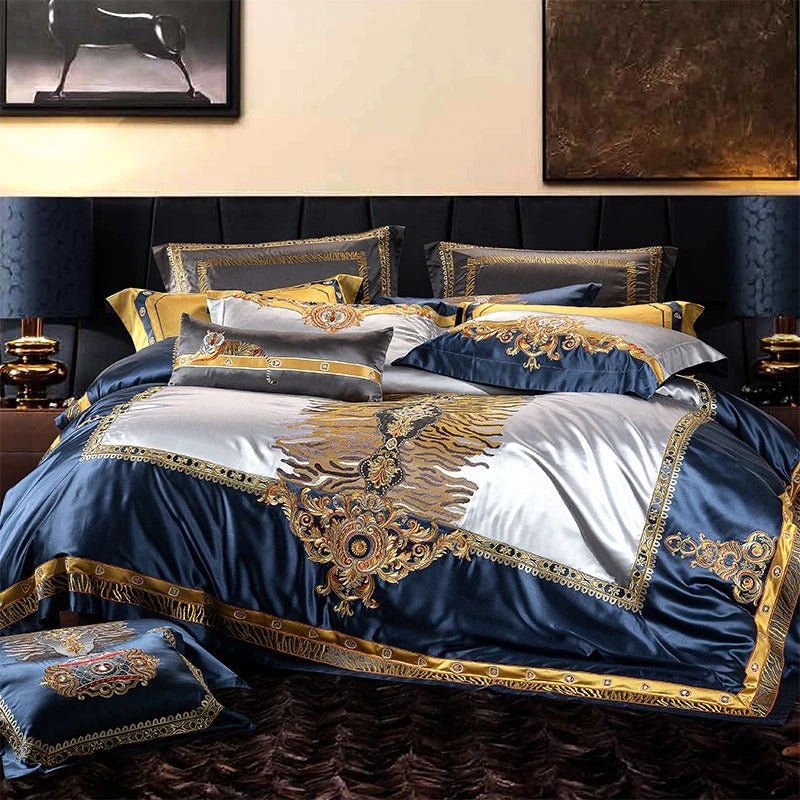 Aureo Gold/Blue Embroidered Silk Satin Duvet Cover Set - RoseStraya.com