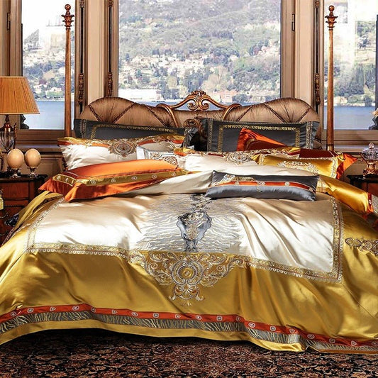 Aureo Gold/Blue Embroidered Silk Satin Duvet Cover Set - RoseStraya.com