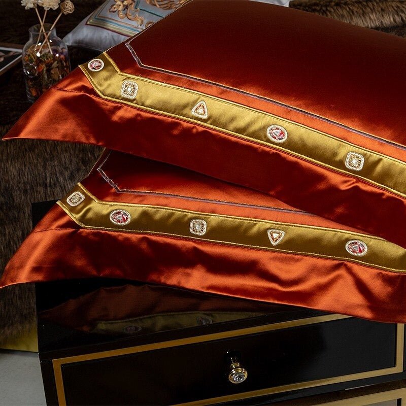 Aureo Gold/Blue Embroidered Silk Satin Duvet Cover Set - RoseStraya.com