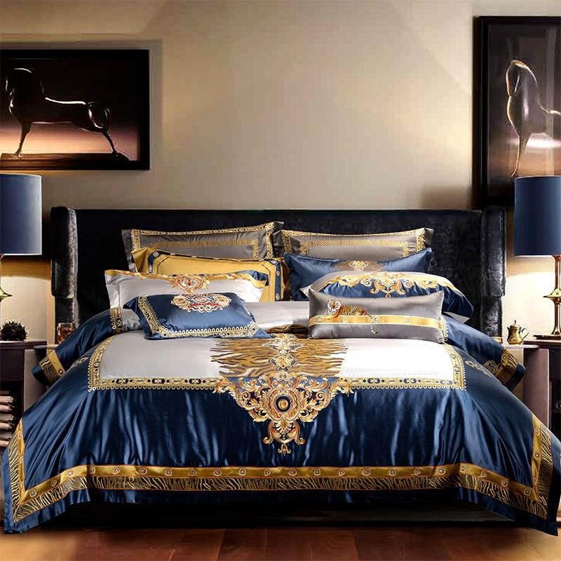Aureo Gold/Blue Embroidered Silk Satin Duvet Cover Set - RoseStraya.com