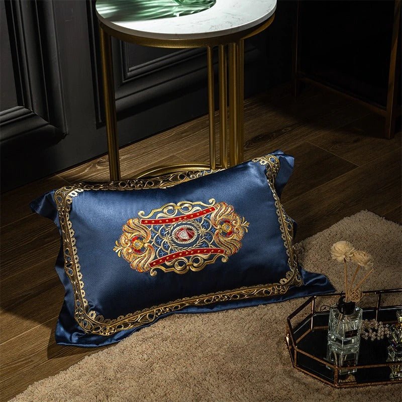 Aureo Gold/Blue Embroidered Silk Satin Duvet Cover Set - RoseStraya.com