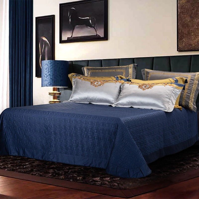 Aureo Gold/Blue Embroidered Silk Satin Duvet Cover Set - RoseStraya.com