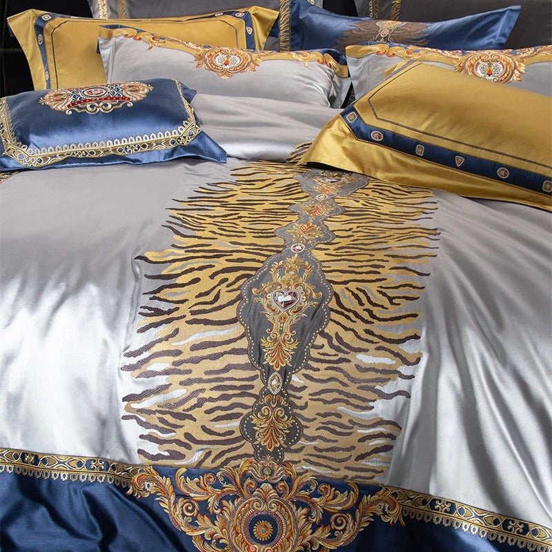 Aureo Gold/Blue Embroidered Silk Satin Duvet Cover Set - RoseStraya.com