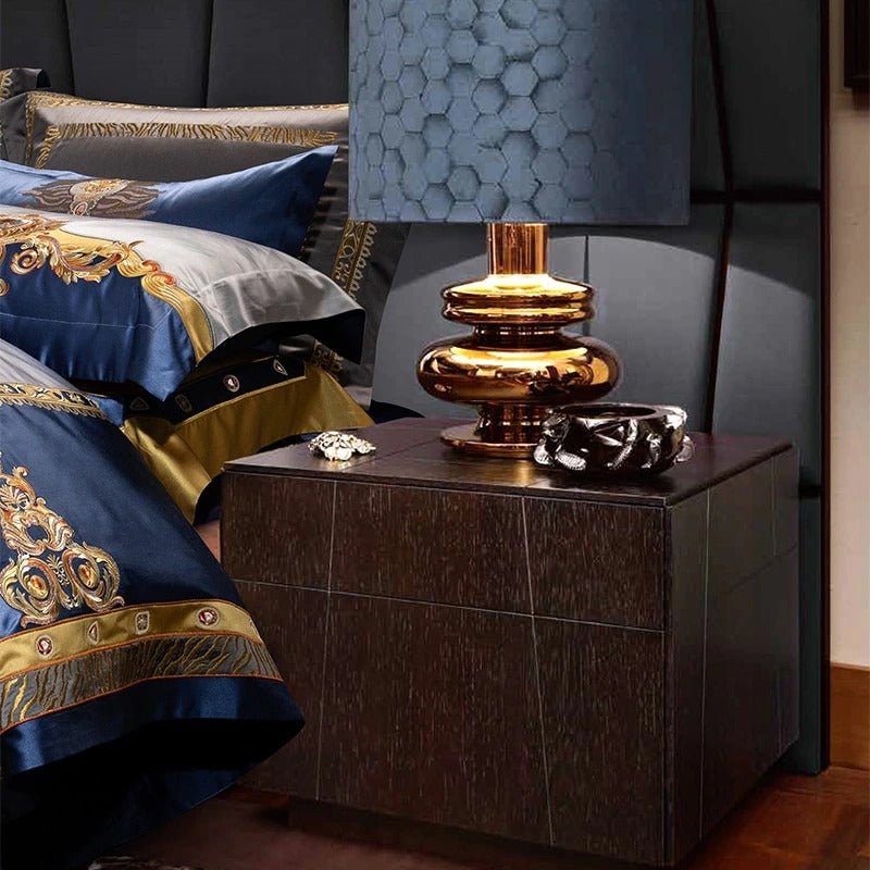 Aureo Gold/Blue Embroidered Silk Satin Duvet Cover Set - RoseStraya.com