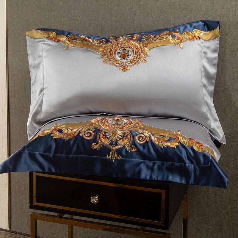 Aureo Gold/Blue Embroidered Silk Satin Duvet Cover Set - RoseStraya.com