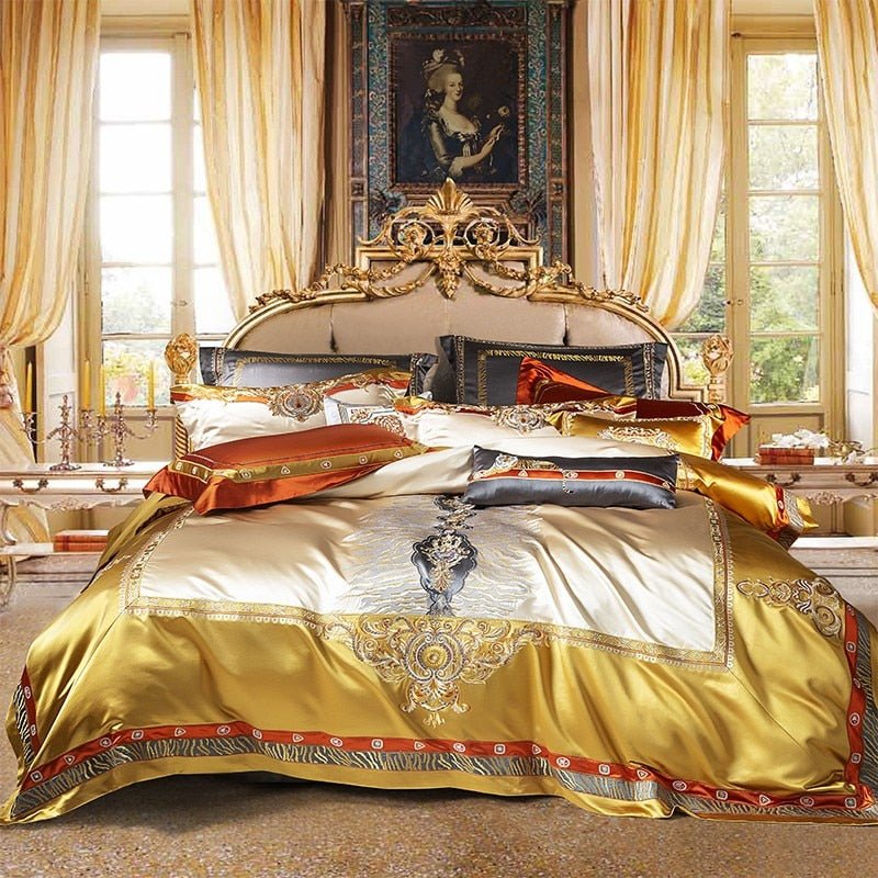 Aureo Gold/Blue Embroidered Silk Satin Duvet Cover Set - RoseStraya.com