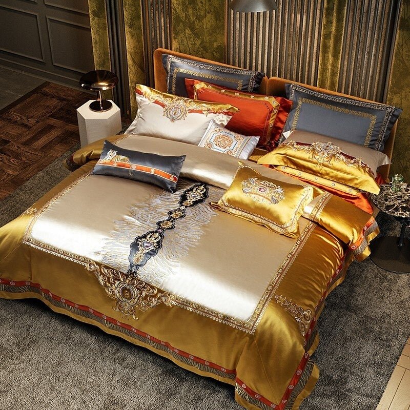 Aureo Gold/Blue Embroidered Silk Satin Duvet Cover Set - RoseStraya.com