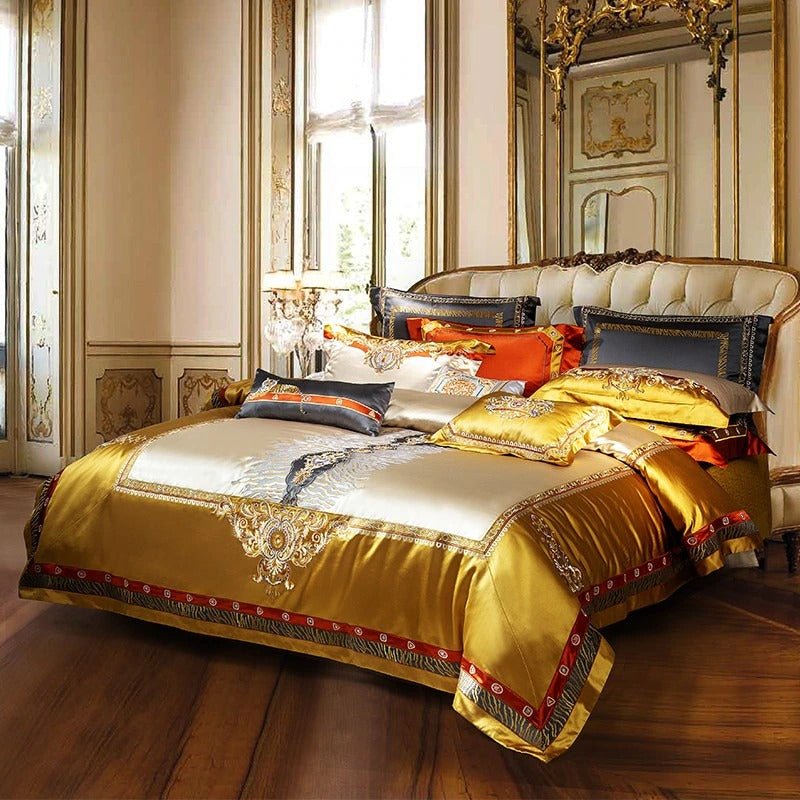 Aureo Gold/Blue Embroidered Silk Satin Duvet Cover Set - RoseStraya.com