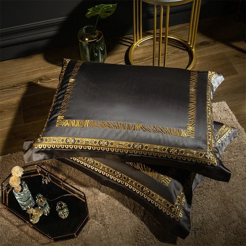 Aureo Gold/Blue Embroidered Silk Satin Duvet Cover Set - RoseStraya.com