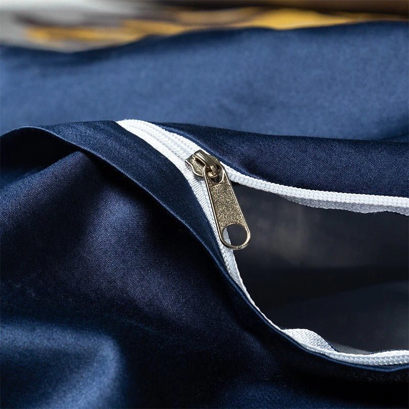 Aureo Gold/Blue Embroidered Silk Satin Duvet Cover Set - RoseStraya.com