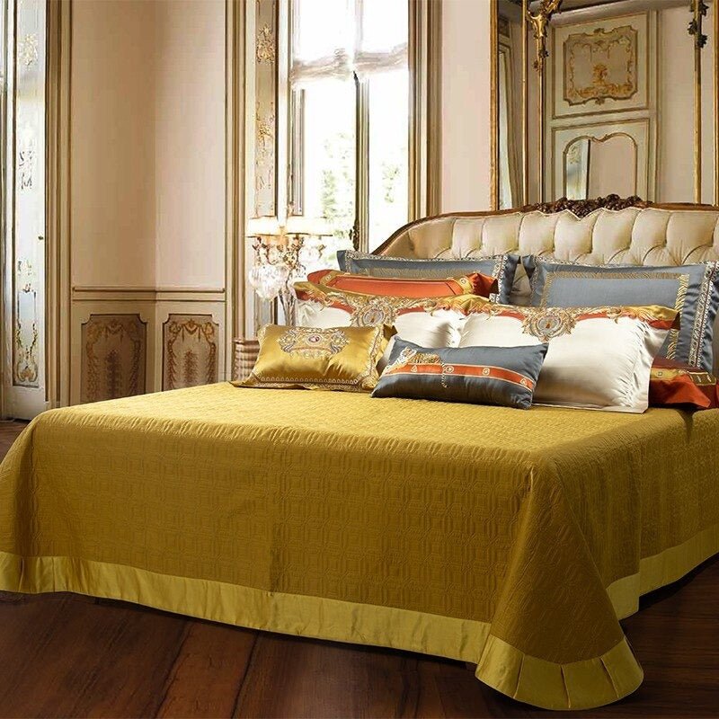 Aureo Gold/Blue Embroidered Silk Satin Duvet Cover Set - RoseStraya.com