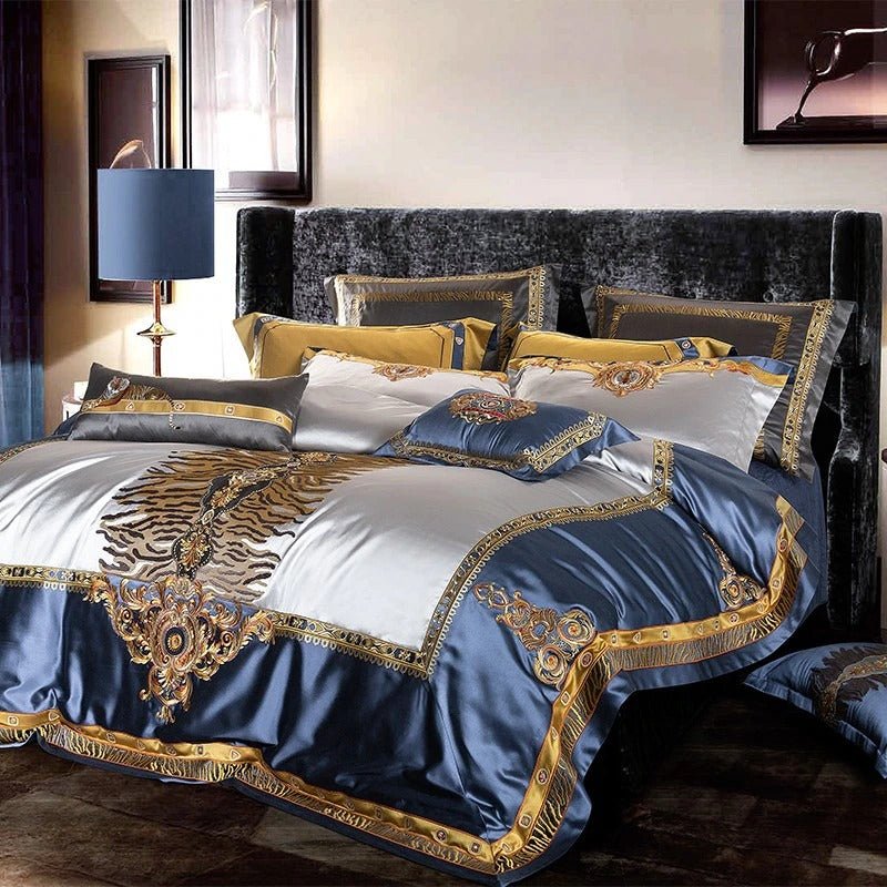 Aureo Gold/Blue Embroidered Silk Satin Duvet Cover Set - RoseStraya.com