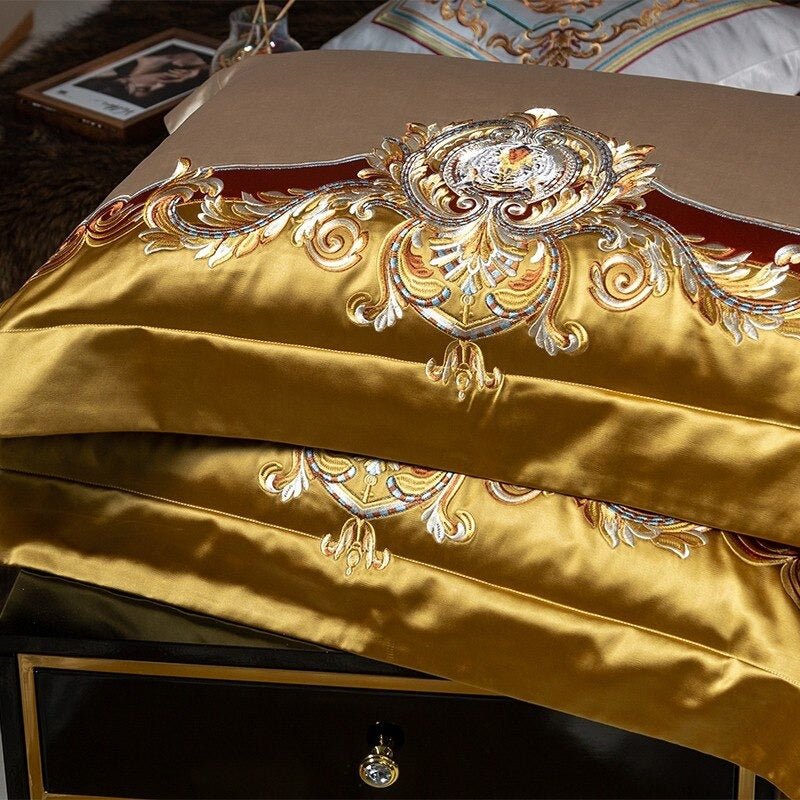 Aureo Gold/Blue Embroidered Silk Satin Duvet Cover Set - RoseStraya.com