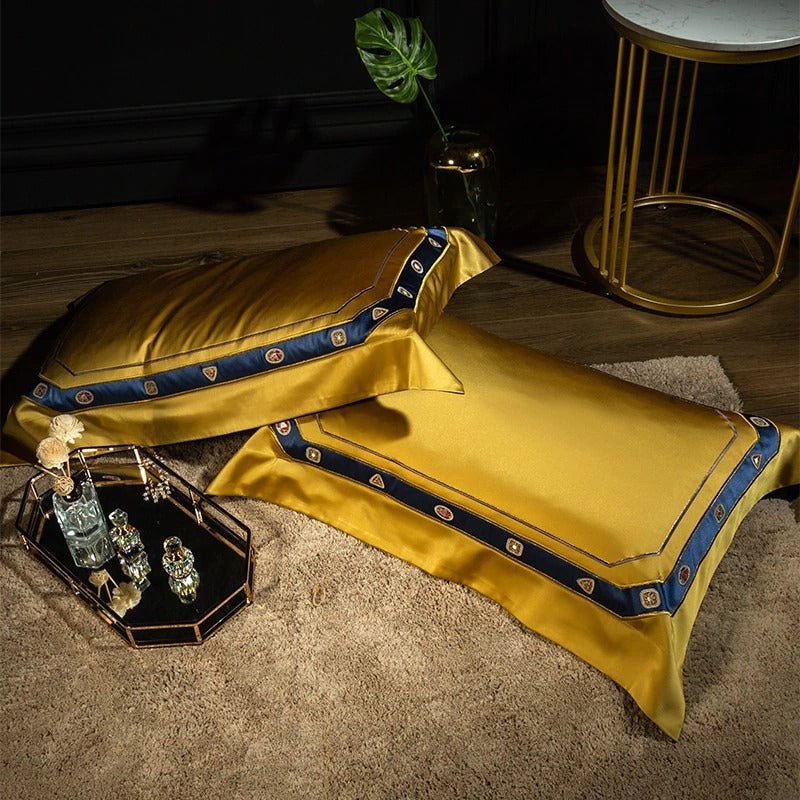 Aureo Gold/Blue Embroidered Silk Satin Duvet Cover Set - RoseStraya.com
