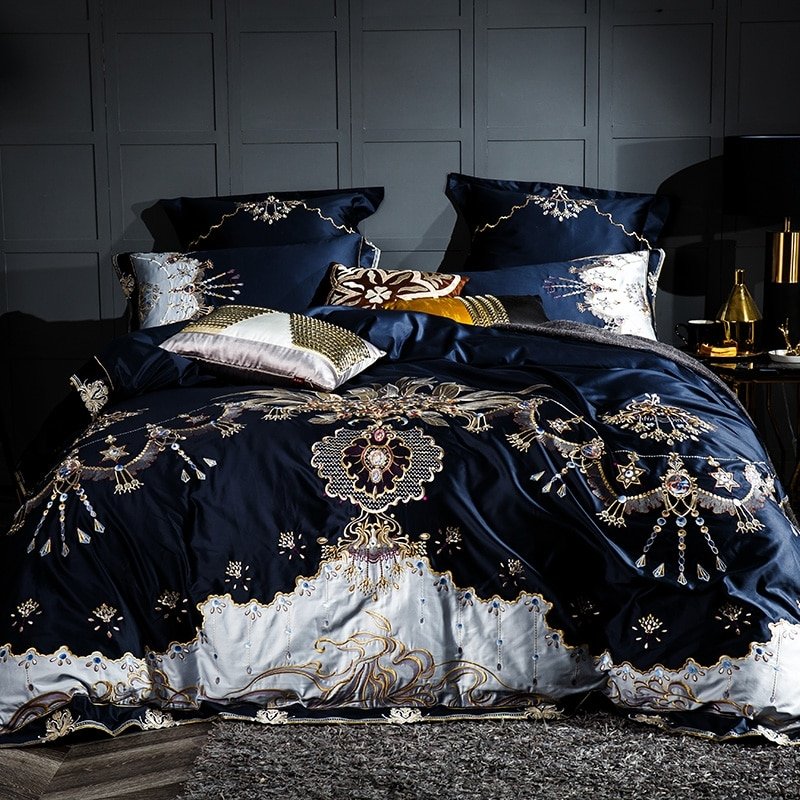 Azura Blue Egyptian Cotton Embroidery Luxury Duvet Cover Set - RoseStraya.com