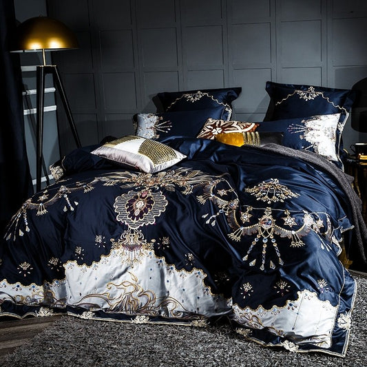 Azura Blue Egyptian Cotton Embroidery Luxury Duvet Cover Set - RoseStraya.com