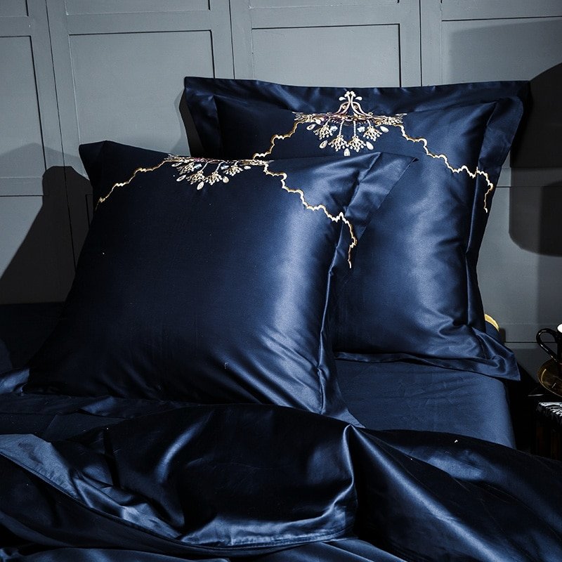 Azura Blue Egyptian Cotton Embroidery Luxury Duvet Cover Set - RoseStraya.com