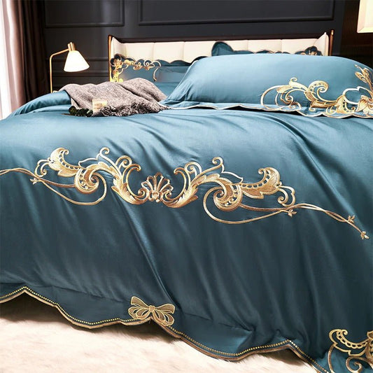 Bergenia Blue Embroidered Cotton Duvet Cover Set - RoseStraya.com