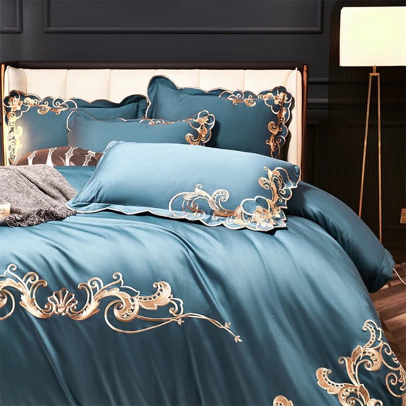 Bergenia Blue Embroidered Cotton Duvet Cover Set - RoseStraya.com