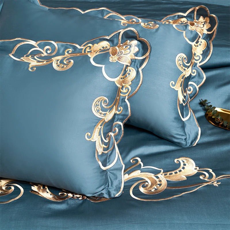Bergenia Blue Embroidered Cotton Duvet Cover Set - RoseStraya.com