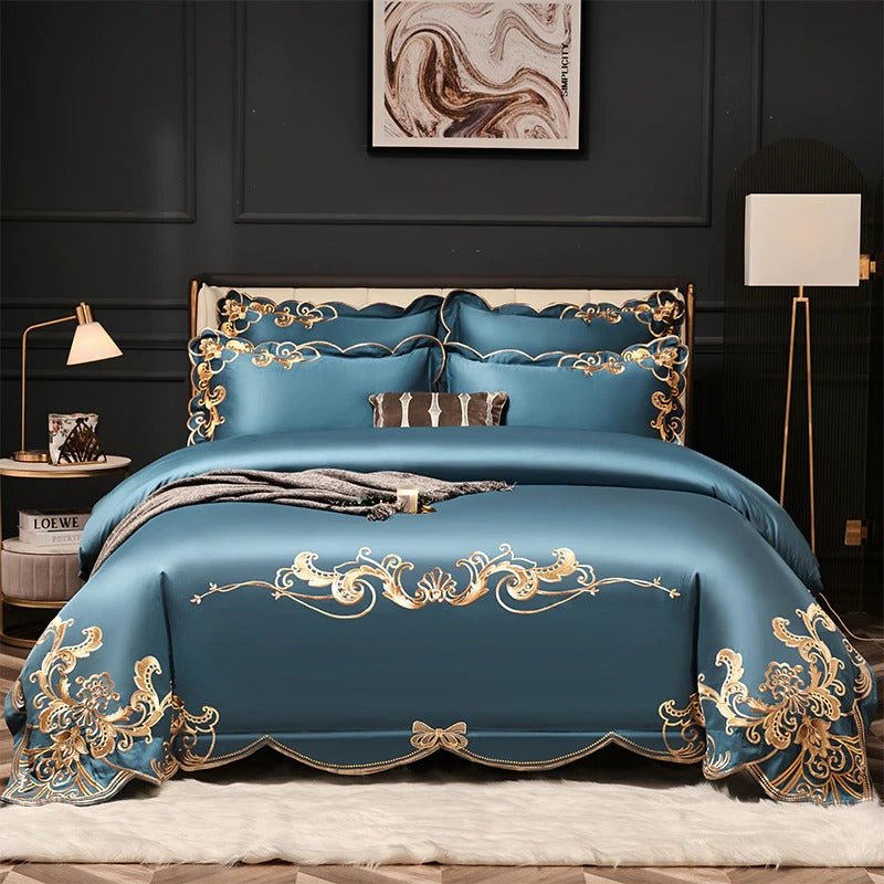 Bergenia Blue Embroidered Cotton Duvet Cover Set - RoseStraya.com