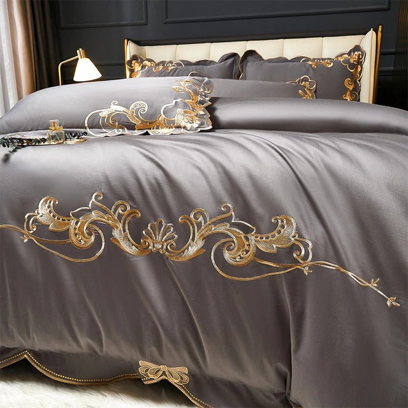 Bergenia Grey Embroidered Cotton Duvet Cover Set - RoseStraya.com