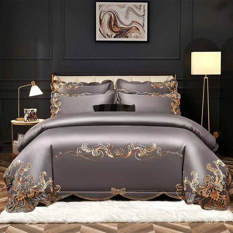 Bergenia Grey Embroidered Cotton Duvet Cover Set - RoseStraya.com