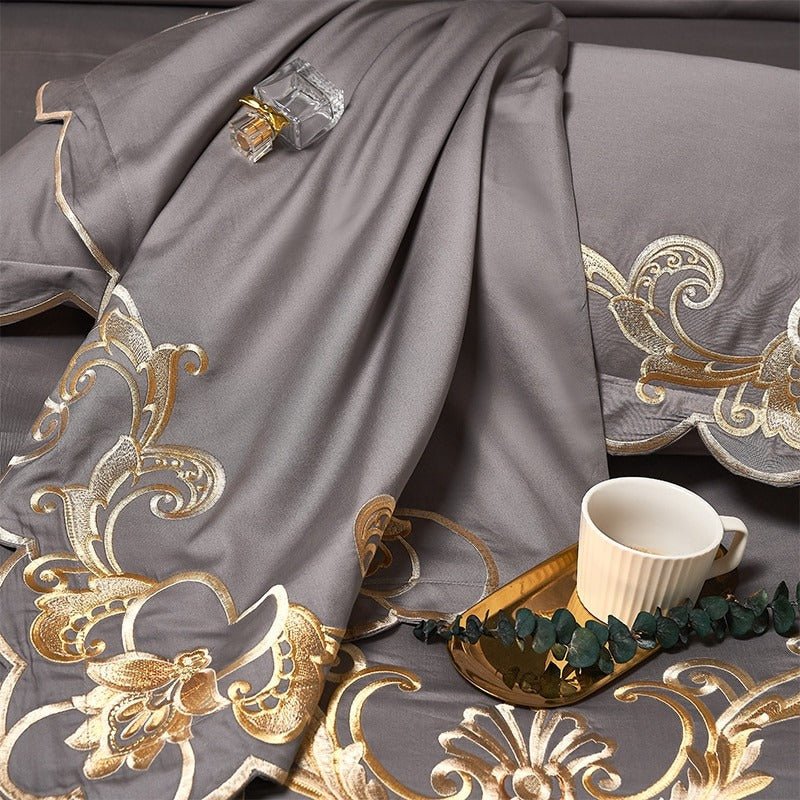 Bergenia Grey Embroidered Cotton Duvet Cover Set - RoseStraya.com