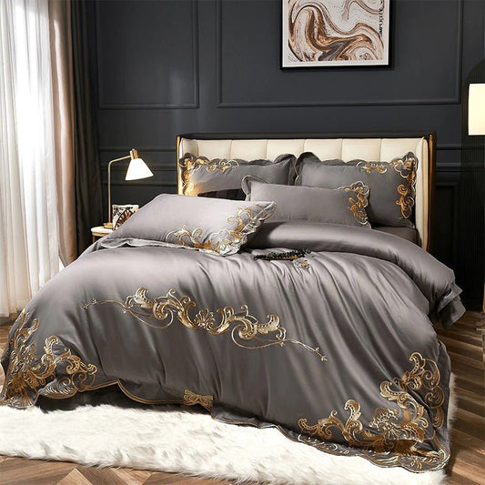 Bergenia Grey Embroidered Cotton Duvet Cover Set - RoseStraya.com