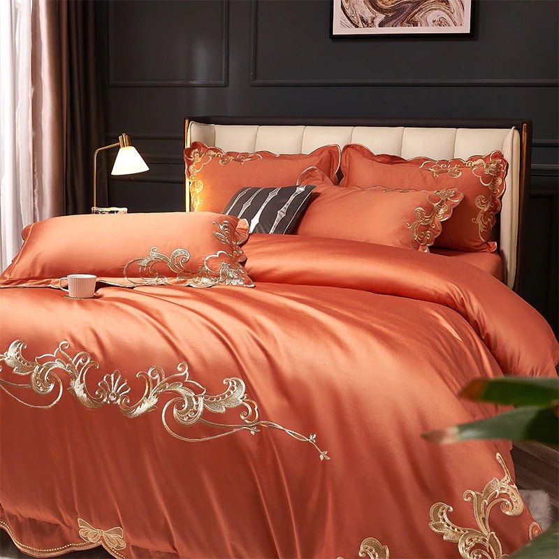 Bergenia Orange Embroidered Cotton Duvet Cover Set - RoseStraya.com