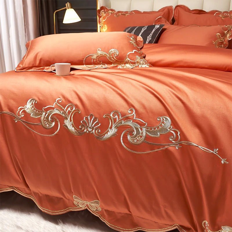 Bergenia Orange Embroidered Cotton Duvet Cover Set - RoseStraya.com