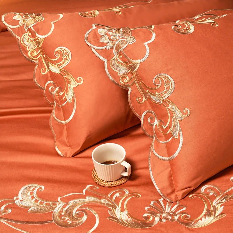 Bergenia Orange Embroidered Cotton Duvet Cover Set - RoseStraya.com