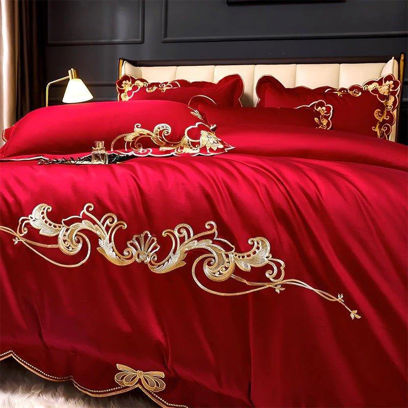 Bergenia Red Embroidered Cotton Duvet Cover Set - RoseStraya.com