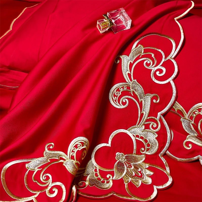 Bergenia Red Embroidered Cotton Duvet Cover Set - RoseStraya.com