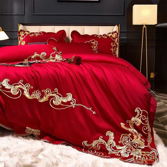 Bergenia Red Embroidered Cotton Duvet Cover Set - RoseStraya.com