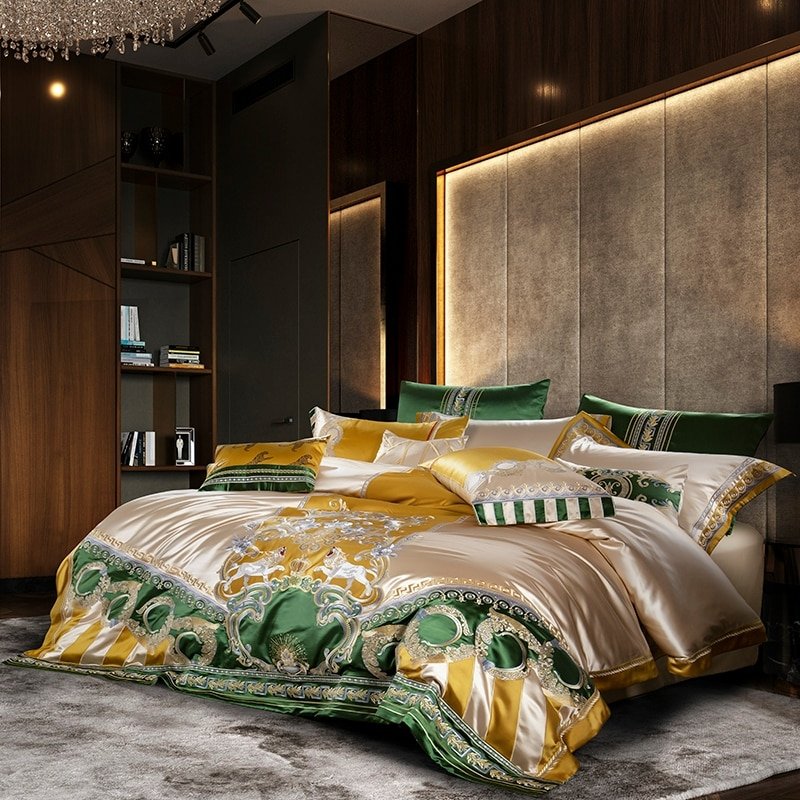 Delilah Green Embroidered Satin Jacquard Egyptian Cotton Duvet Cover Set - RoseStraya.com