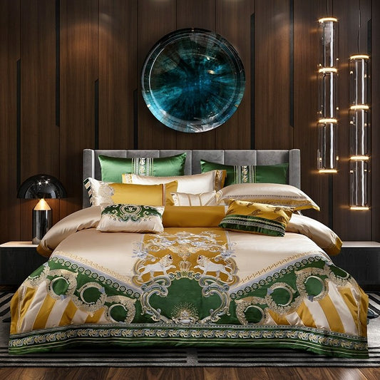 Delilah Green Embroidered Satin Jacquard Egyptian Cotton Duvet Cover Set - RoseStraya.com
