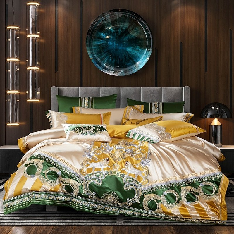 Delilah Green Embroidered Satin Jacquard Egyptian Cotton Duvet Cover Set - RoseStraya.com