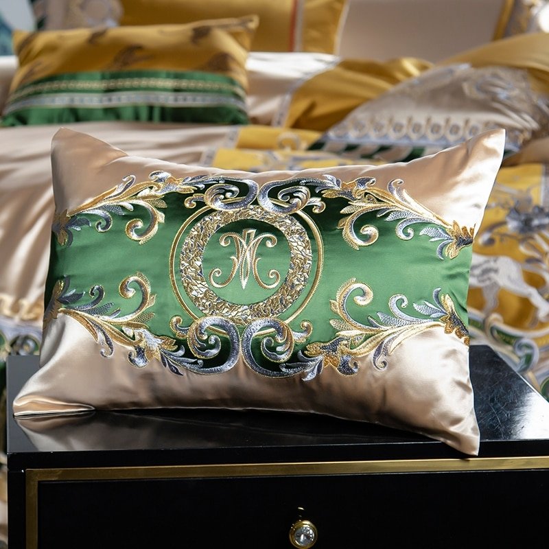Delilah Green Embroidered Satin Jacquard Egyptian Cotton Duvet Cover Set - RoseStraya.com