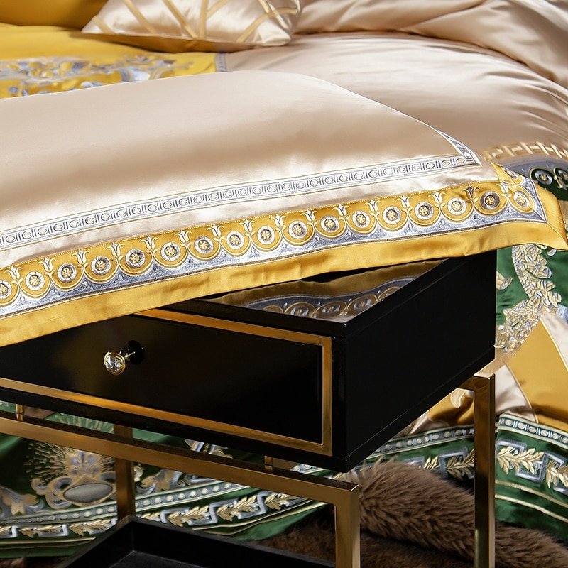 Delilah Green Embroidered Satin Jacquard Egyptian Cotton Duvet Cover Set - RoseStraya.com
