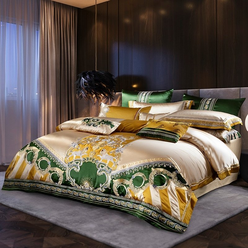 Delilah Green Embroidered Satin Jacquard Egyptian Cotton Duvet Cover Set - RoseStraya.com