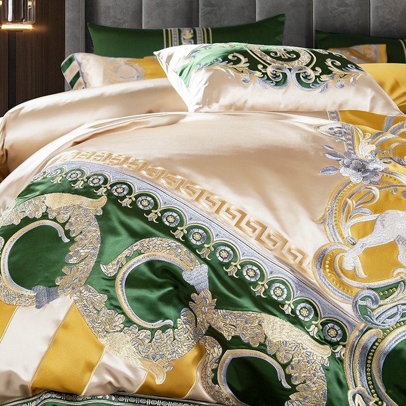 Delilah Green Embroidered Satin Jacquard Egyptian Cotton Duvet Cover Set - RoseStraya.com