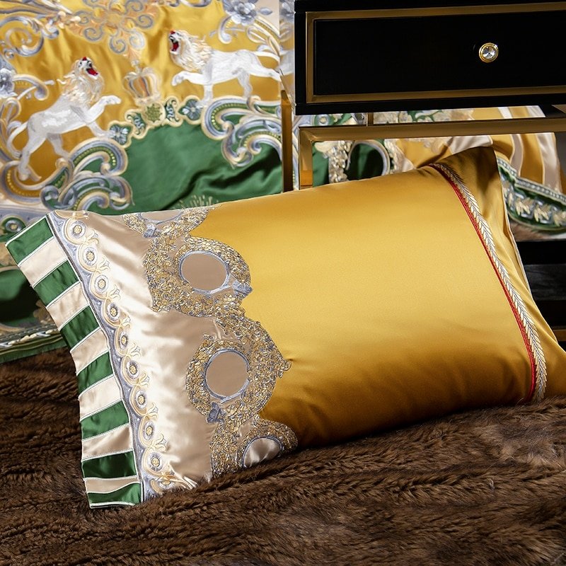 Delilah Green Embroidered Satin Jacquard Egyptian Cotton Duvet Cover Set - RoseStraya.com