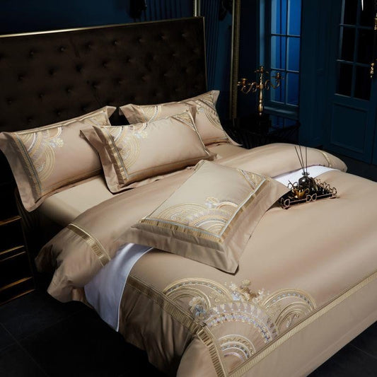 Eleanora Art Deco Embroidered Border Egyptian Cotton Duvet Cover Set - RoseStraya.com