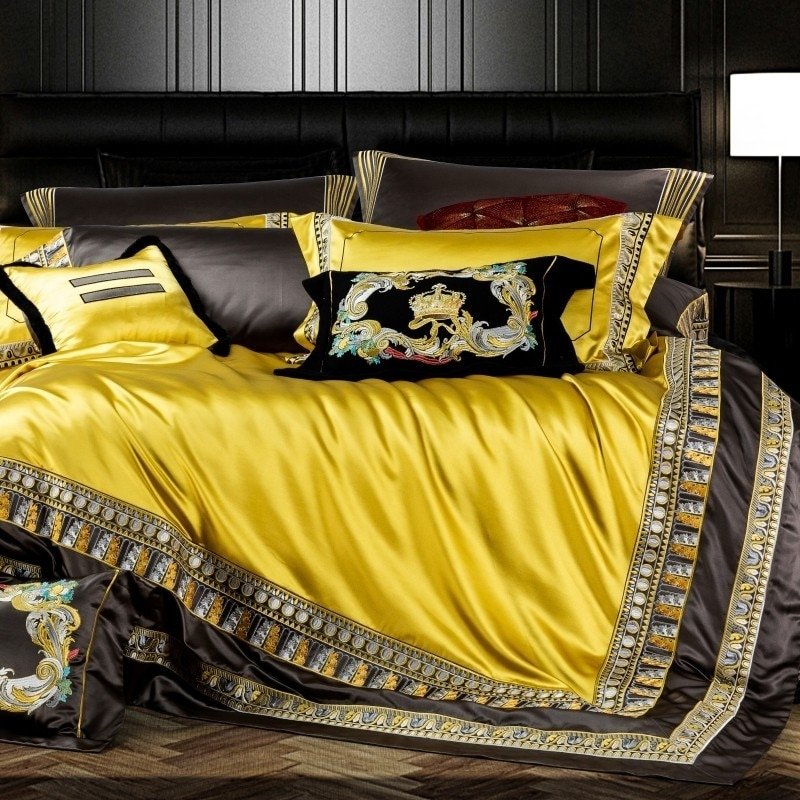Eliza Gold Embroidered Jacquard Satin Duvet Cover Set - RoseStraya.com