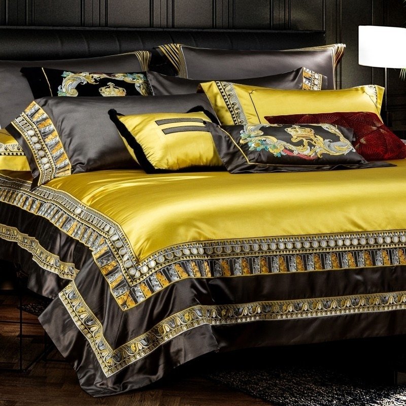 Eliza Gold Embroidered Jacquard Satin Duvet Cover Set - RoseStraya.com